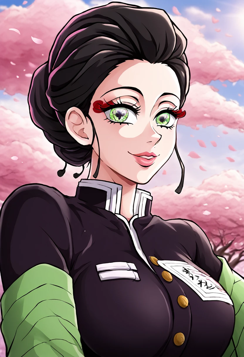 a girl from the world of Kimetsu no Yaiba, beautiful detailed eyes, beautiful detailed lips, extremely detailed face, long eyelashes, demon slayer uniform, sweet smile, sky background, simple art style, cartoon body, anime art