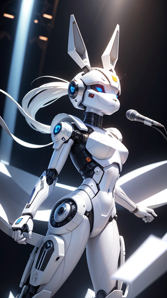 robot rabbit, White color, humanoid, on a musical stage, masculine