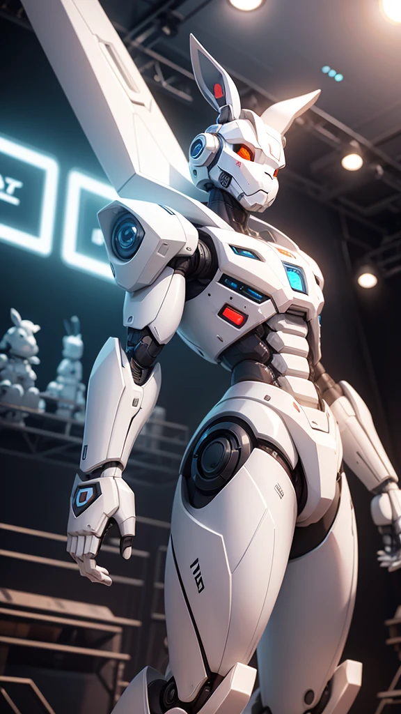 robot rabbit, White color, humanoid, on a musical stage, masculine