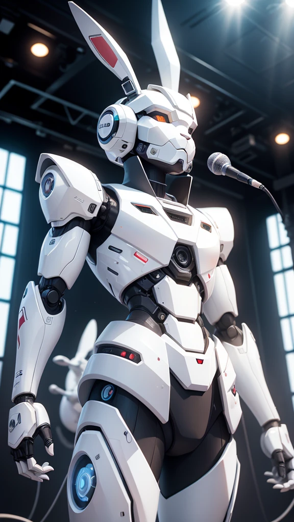 robot rabbit, White color, humanoid, on a musical stage, masculine