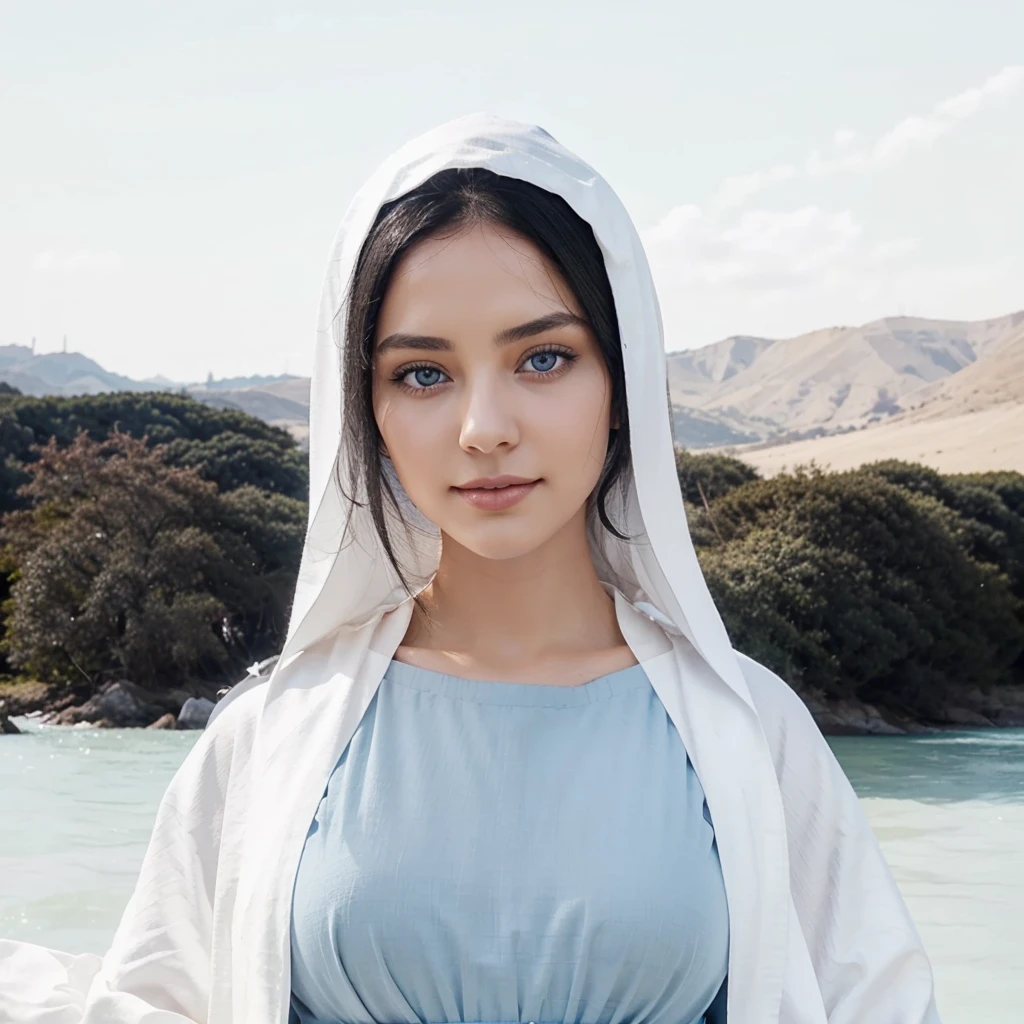 Beautiful woman with light blue eyes, black hair, serene face with a slight smile, wears a white cloak, wears a gray tunic with wide, long sleeves adjusted at the waist by a white sash.