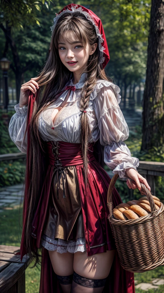 4K, Realistic,Very detailed,((Big Breasts))、18-year-old、((smile))、(Little Red Riding Hood)、(Medieval clothing)、(mini skirt)、Thigh-high stockings、(Carrying a basket of bread and wine)、grassland、((Delicate painting)),(Detailed RAW photos of girls), (Masterpiece:1.25), (Highest quality:1.6), (Ultra-high resolution:1.5), (Realistic:1.75), 8K resolution,:1.6), Canon EOS R5, 50mm,Very detailedな,Cinema Lighting