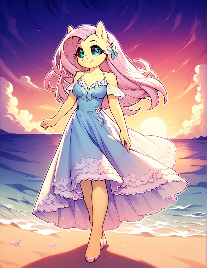 safe content, mammal, anthro, female, fur, solo, hair, Fluttershy, red sclera, dress, white eyes, official art, beach, sunset