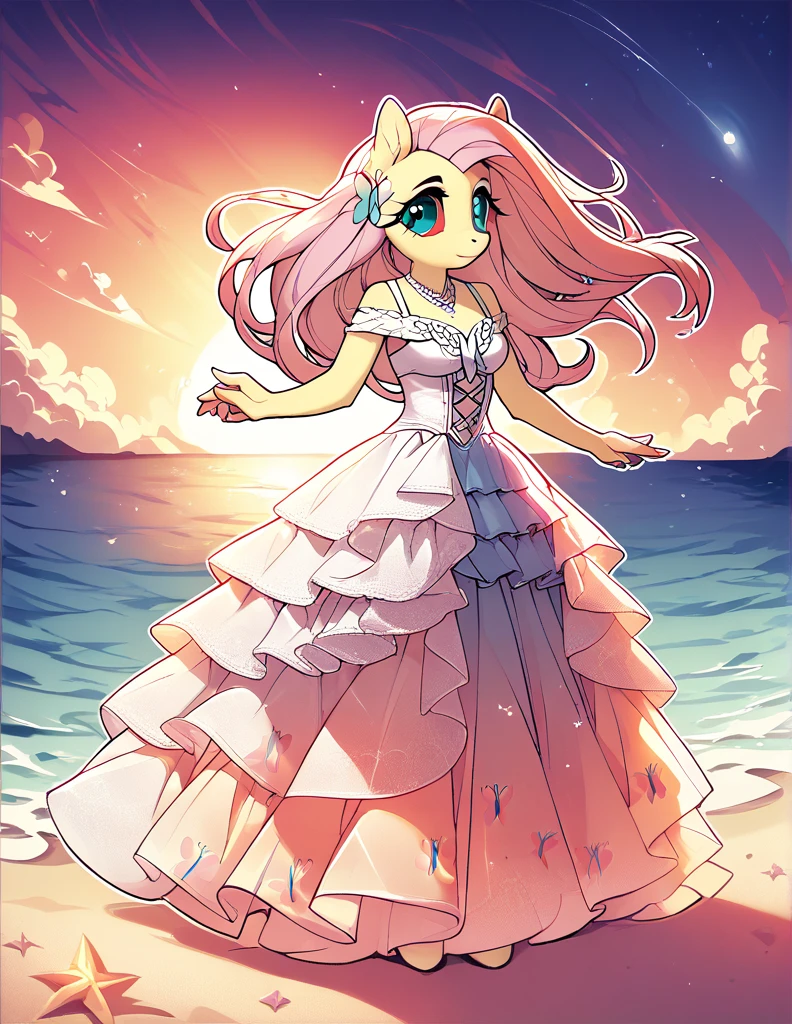 safe content, mammal, anthro, female, fur, solo, hair, Fluttershy, red sclera, dress, white eyes, official art, beach, sunset