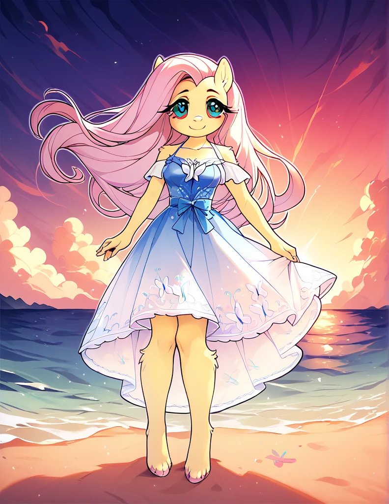 safe content, mammal, anthro, female, fur, solo, hair, Fluttershy, red sclera, dress, white eyes, official art, beach, sunset