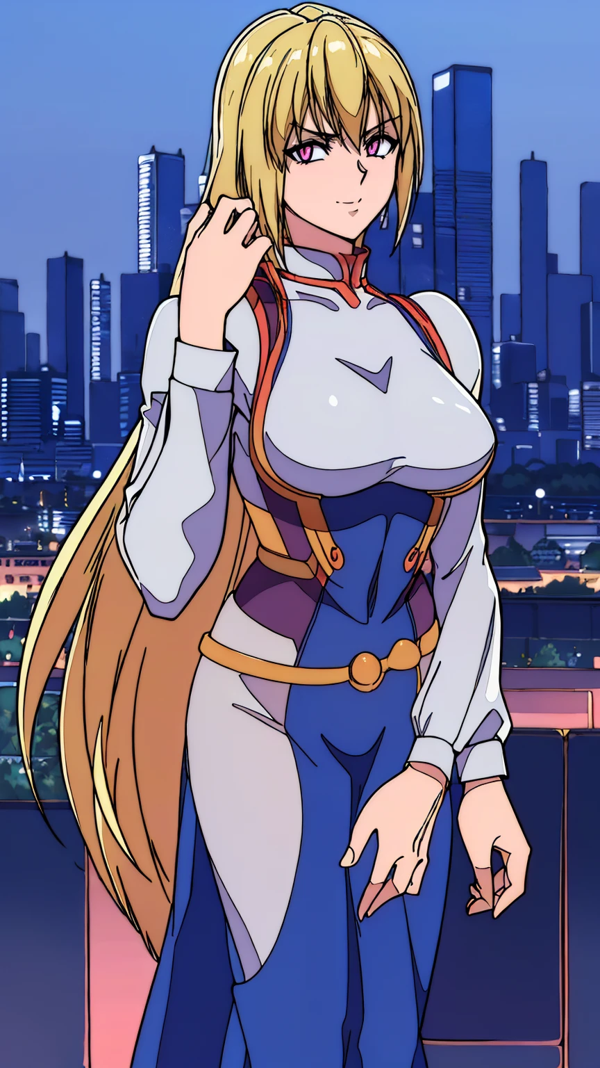 tsunade (naruto), sexy woman, mature milf, big breasts, curvy, nude, nipples, pussy, blonde hair, twintails hairstyle, shining skin, sweating, smile, standing, rooftop, city scenary, outdoors, night time, moon and stars