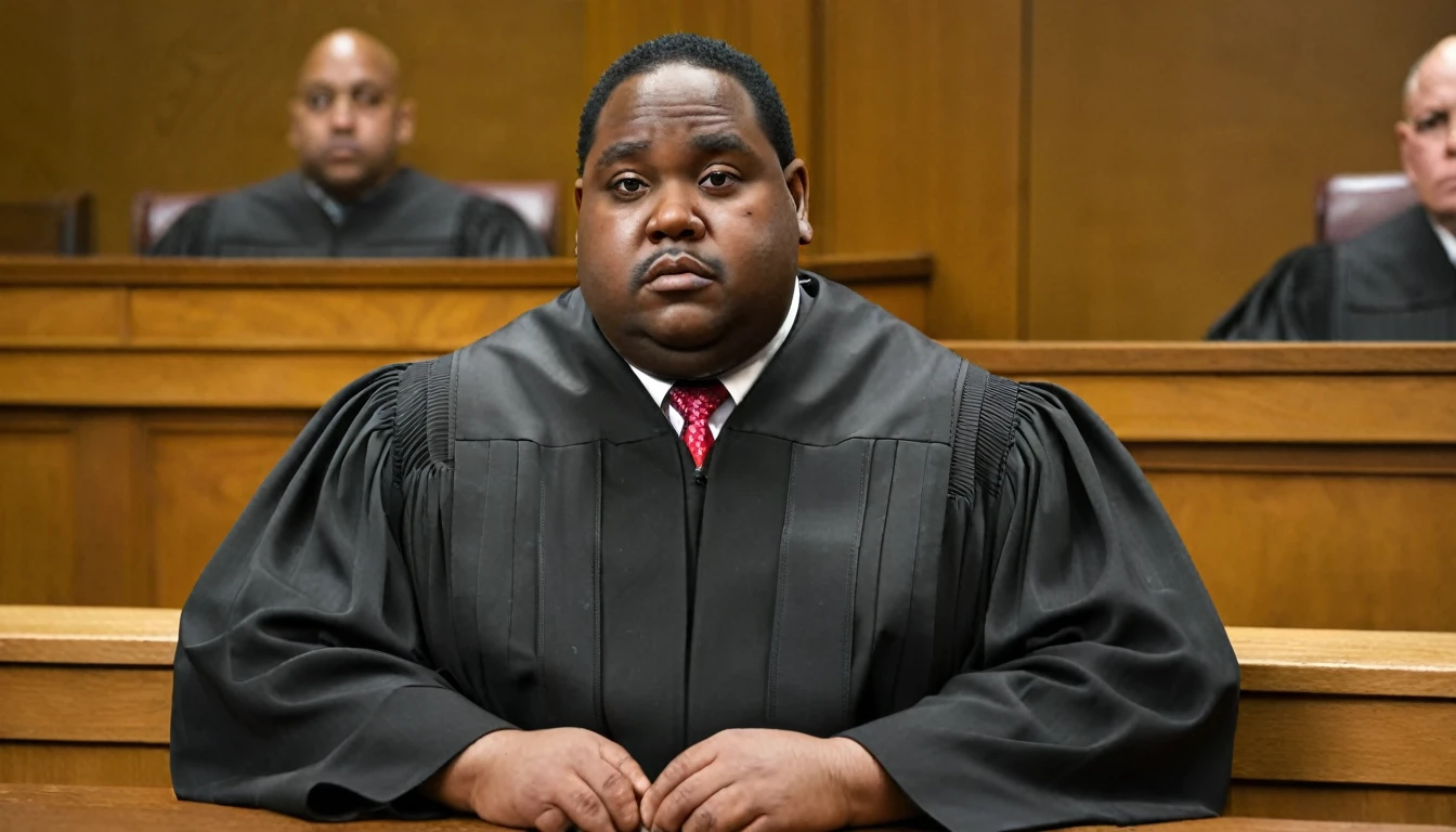 overweight black judge sitting in court behind bench