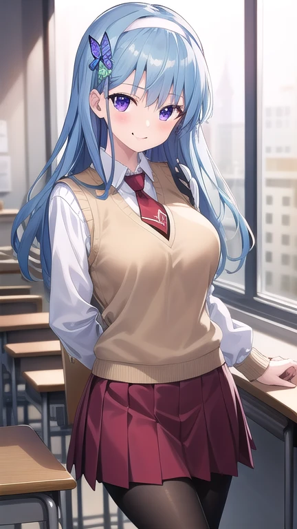 ((masterpiece)),(best quality),official art,extremely detailed CG,unity 8k wallpaper,ultra detailed,beautiful detailed eyes,extremely detailed face,classroom,1girl,solo,cowboy shot,looking at viewer,facing viewer,smile,nanase ririna,long hair,blue hair,hairband,butterfly hair ornament,sidelocks,bangs,purple eyes,sweater vest,beige sweater,red necktie,collared shirt,white shirt,large breasts,red skirt,pleated skirt,black pantyhose,loafers,