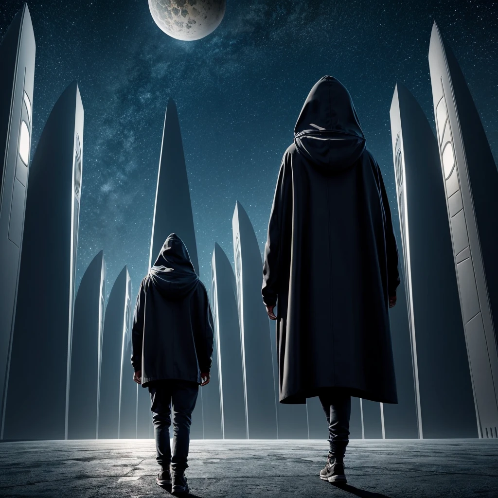 (The best quality)Hooded person looking at the futuristic architecture of an advanced civilization on another planet with dark color palette