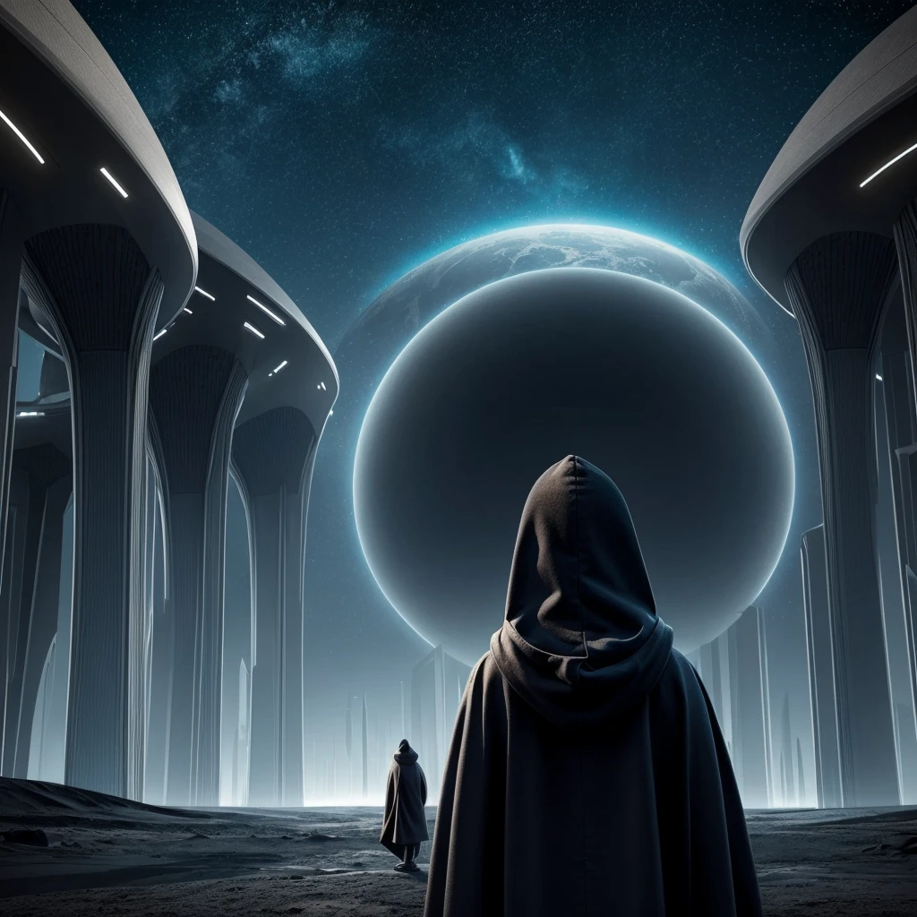 (The best quality)Hooded person looking at the futuristic architecture of an advanced civilization on another planet with dark color palette