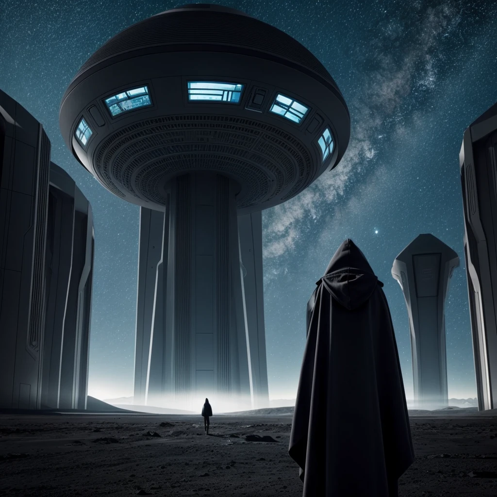 (The best quality)Hooded person looking at the futuristic architecture of an advanced civilization on another planet with dark color palette