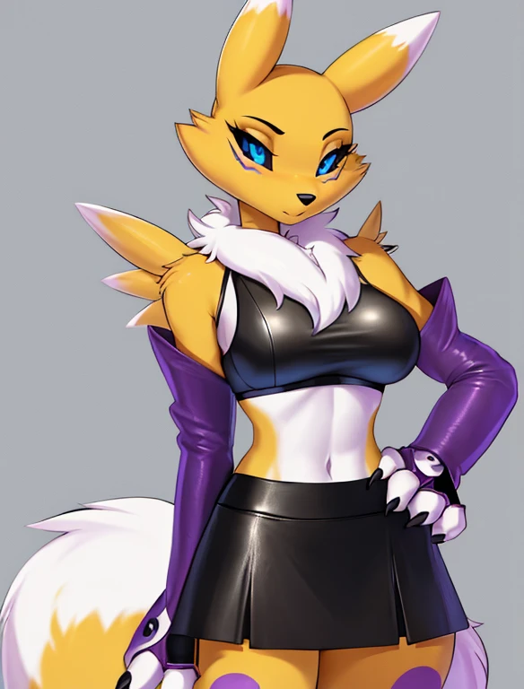 (furry Art, Uploaded On E621:1.4), Masterpiece, (best Quality:1.2), Simple Background, Detailed Image, Colorful, Vibrant Colors, Detailed Face, Perfect Lighting, Perfect Shadows, Perfect Eyes, Girl Focus, Perfect Hair, Blue Eyes, Perfect Face, Medium Breasts, Gorgeous Body, Hourglass Body, Shiny Body, 1girl, Solo, Center Focus, Renamon, Fox Ears, Tattoo, Fox Tail, Facial Mark, Fox Girl, Claws, Furry, Colored Sclera, Furry Female, Black Sclera, Body Fur, White Fur, Yin Yang, Animal Nose, Long Snout, Two-tone Fur, Digimon (creature), Yellow Fur, Upper Body, Cropped Torso, Steaming Body, (one Tail:1.8) (((seductive, Leather Skirt, Leather Sports Bra, Bare Shoulder, Bridal Gauntlets, Sleeves)))