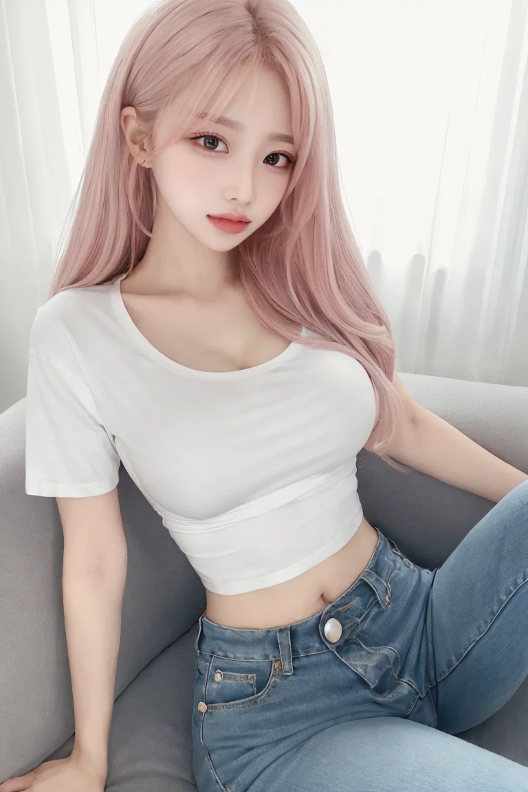 Selfie:1.5、Cleavage:1.5、Full body image:1.2,Pink Hair、masterpiece、Highest quality、Extremely detailed 8K、Ultra HD、Very detailedな、Very detailed、Very realistic、Photo Real、Japanese、One Girl、High head rate、Beautiful realistic face、Realistic face in every detail、High detail, Realistic Hair、Beautiful and realistic hairstyles、Beautiful and realistic eyes、hVery detailed realistic eyes、Proportional eyes、HVery detailed pupils、Very detailedリアルな自然な眉毛、Very detailedリアルな唇、 Beautiful and realistic lips、Pink lipstick、Sexy lips、Realistic and well-proportioned breasts、Realistic medium sized breasts、Slim Abs、Very detailed皮膚、、(belly button、Tight white t-shirt:1.5)、Black skinny pants:1.2、Sitting on a fluffy sofa、Condescending smile、From above、A female college student&#39;s room