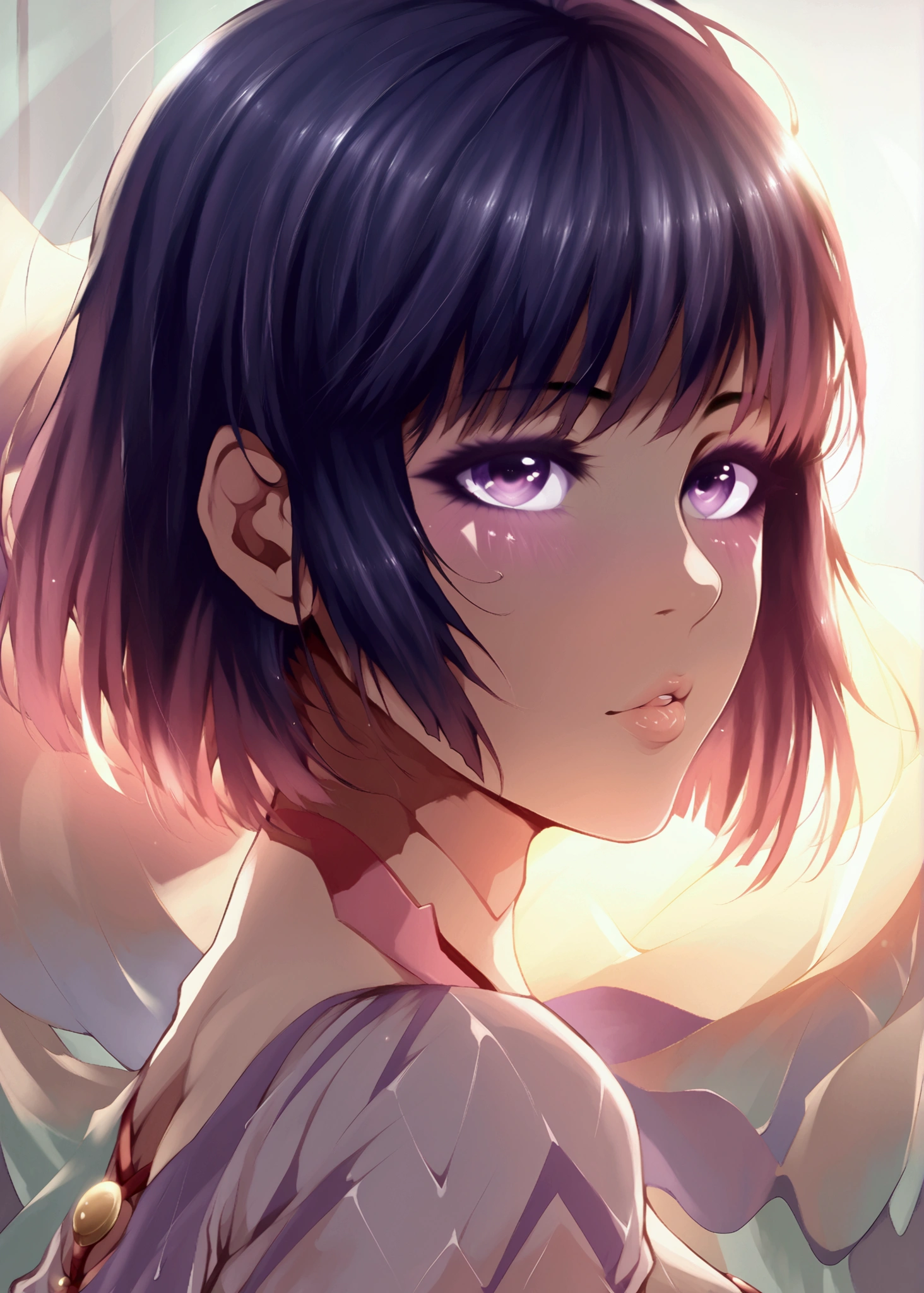 a beautiful woman with short hair, long bangs, hair parted at the back, comb over, detailed facial features, beautiful eyes, high quality, 8k, cinematic lighting, detailed hair strands, elegant expression, intricate details, dramatic lighting, warm color tones