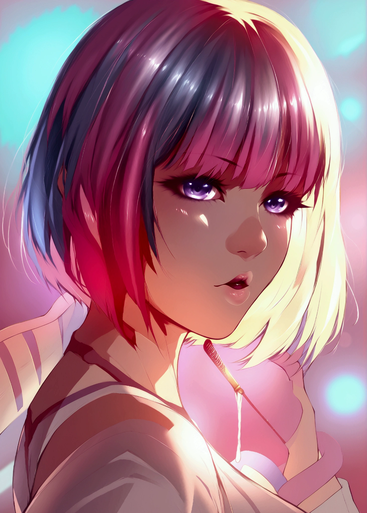 a beautiful woman with short hair, long bangs, hair parted at the back, comb over, detailed facial features, beautiful eyes, high quality, 8k, cinematic lighting, detailed hair strands, elegant expression, intricate details, dramatic lighting, warm color tones