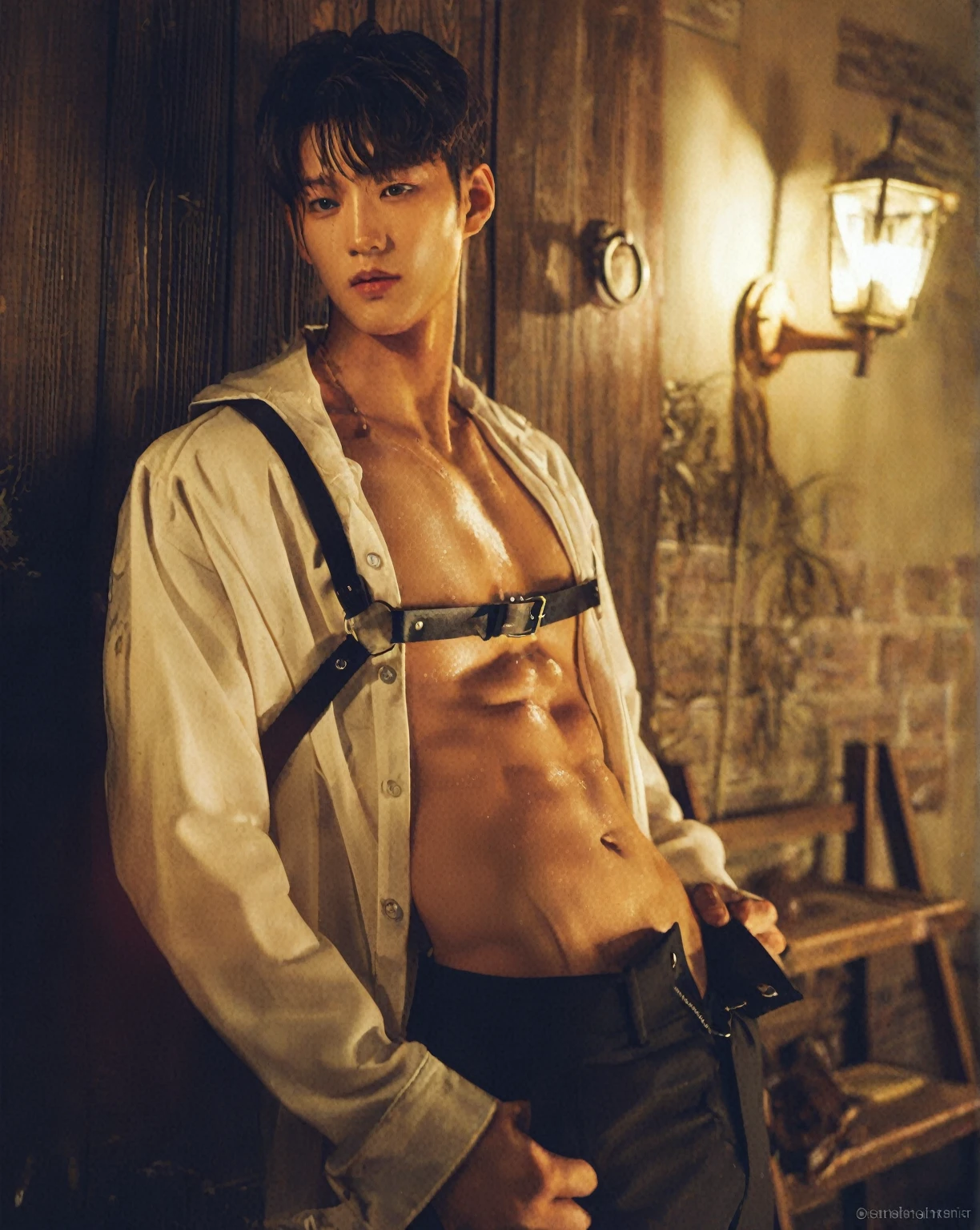 arafed man in a shirt and suspenders posing for a picture, wonbin lee, cai xukun, jinyoung shin, with abs, ripped clothes holding whip, south korean male, siwoo kim, bo chen, ji-min, inspired by Kim Hwan-gi, key still, beads cross onbare chest, inspired by Zhou Chen, yan