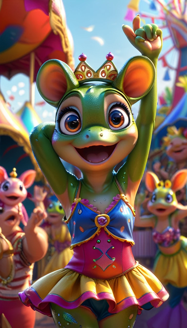 cute froggy, cartoon , arms, hands ,cute eyes, looking at viewer, arms up, carnival clothes, piggy ears, flawless, detailed, 4k