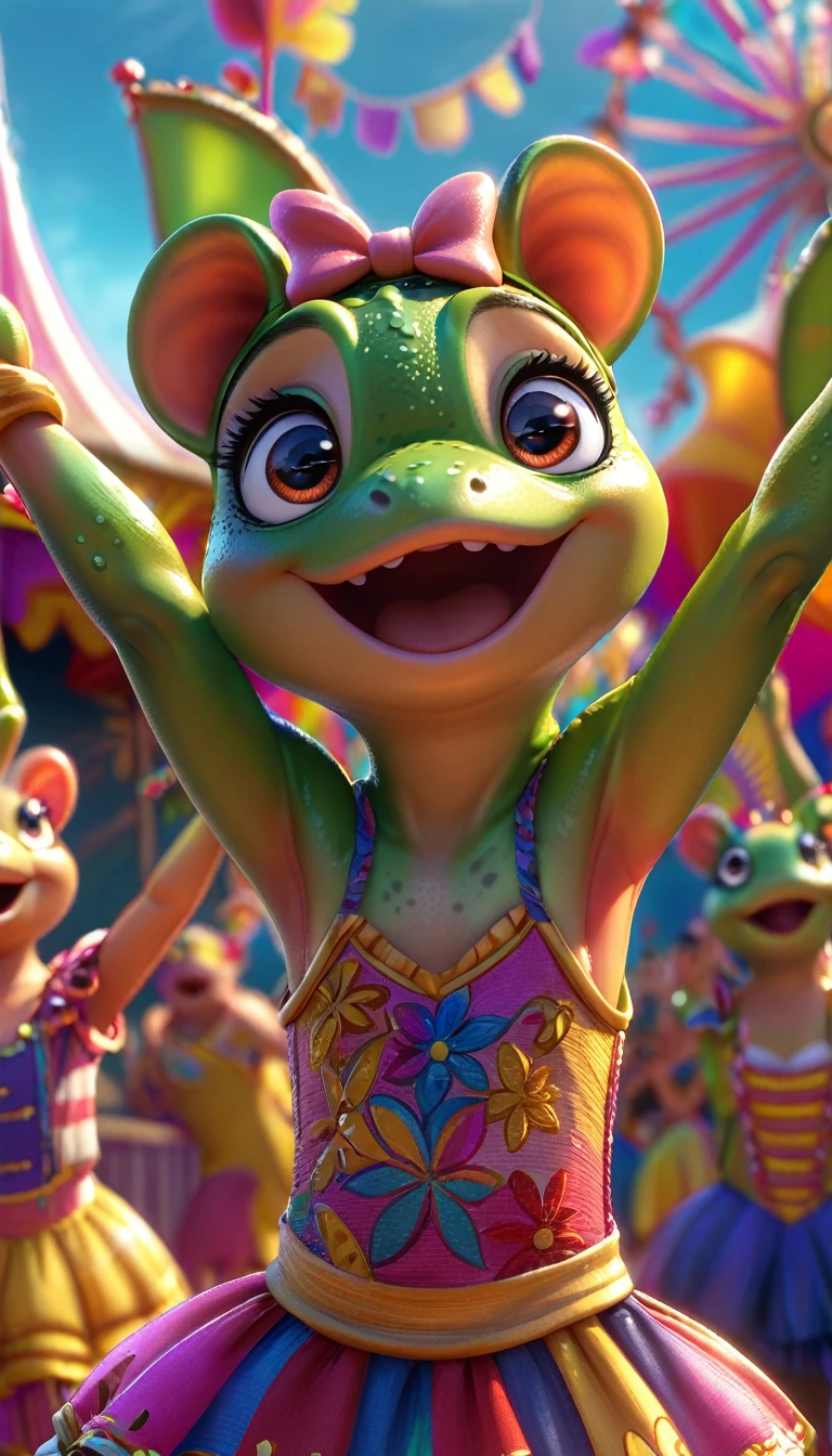 cute froggy, cartoon , arms, hands ,cute eyes, looking at viewer, arms up, carnival clothes, piggy ears, flawless, detailed, 4k