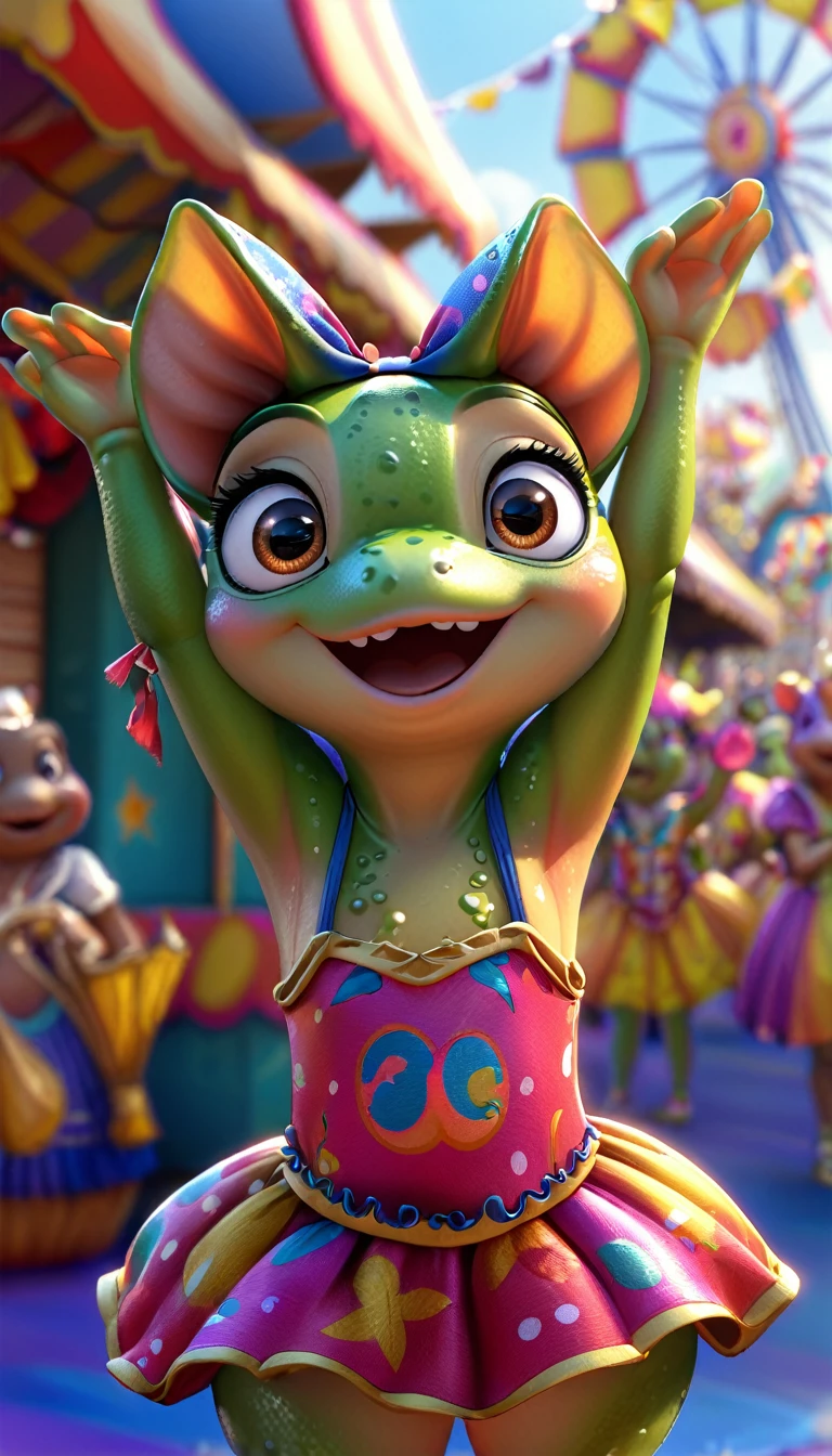 cute froggy, cartoon , arms, hands ,cute eyes, looking at viewer, arms up, carnival clothes, piggy ears, flawless, detailed, 4k