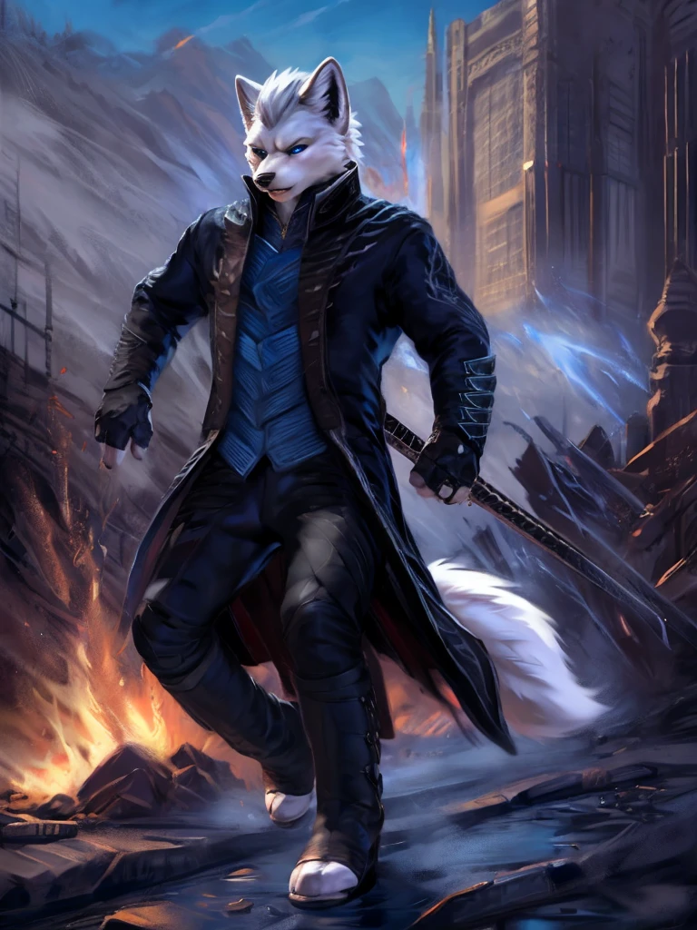 Vergil, blue clothing, robe, katana with white handle, devil may cry, white hair, slick back, blue eyes, cold stare, holding katana, detailed, realistic, dynamic pose, swinging katana, facing viewer, fight scene, running, detailed background, destroyed city background, fire, arctic fox, white fur, high quality, highest quality, by zackary911, by chunie