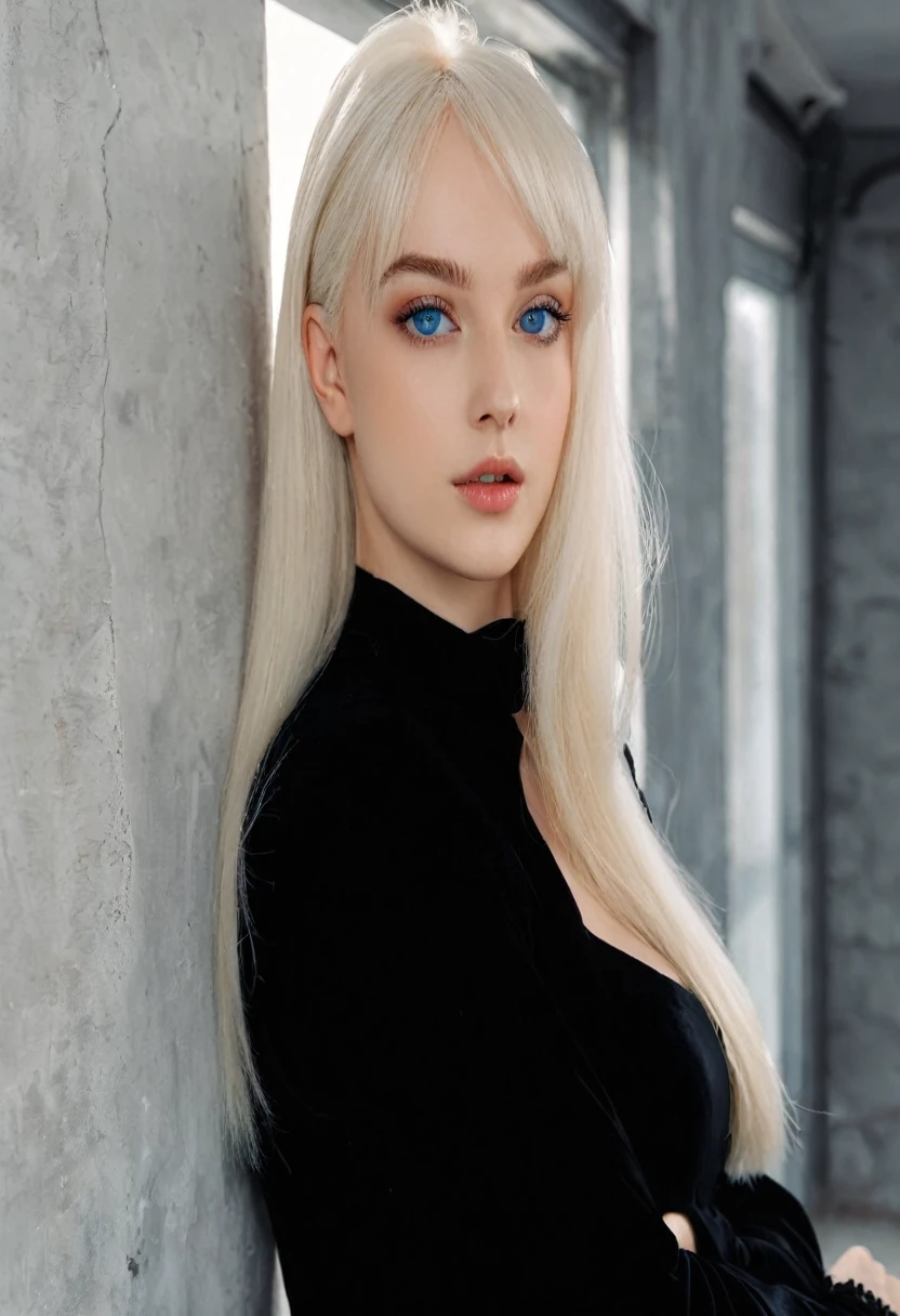 blonde woman with blue eyes leaning against a wall wearing a black dress, Perfect white hair girl, Anna Nikonova aka Newmilky, portrait of kim petras, Anastasia Ovchinnikova, girl with white hair, Yelena Belova, long white hair and bangs, Aleksandra Waliszewska, Alina Ivánchenko, Mia Kischner, Angelina Stroganova