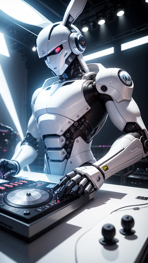 robot rabbit, White color, humanoid, on a musical stage, masculine, playing a turntable with dj mixer,