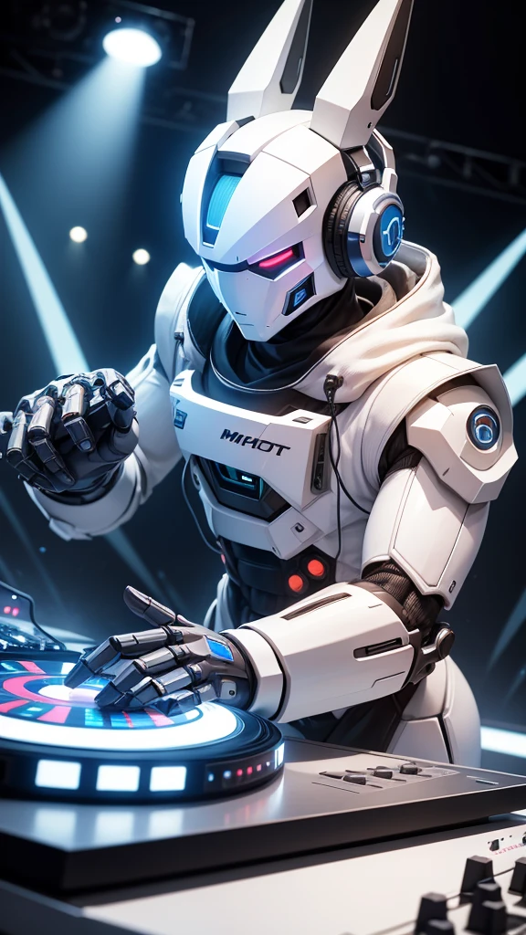 robot rabbit, White color, humanoid, on a musical stage, masculine, playing a turntable with dj mixer,