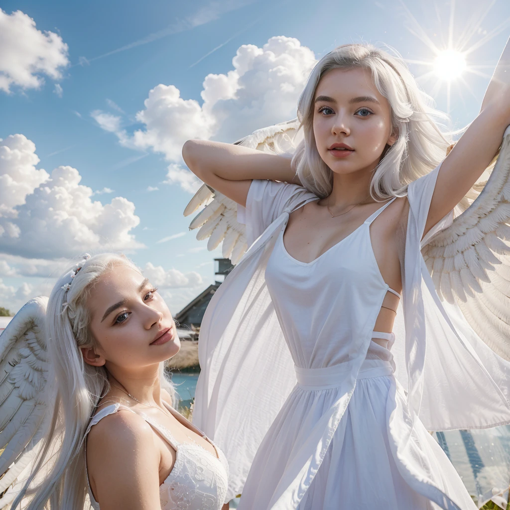 22 year old woman , 1 girl, realistic, One, (masterpiece:1.2), Best quality, ,an angel_wings, Sun, sky, cloud, Open_Hands, White dress, White hair.