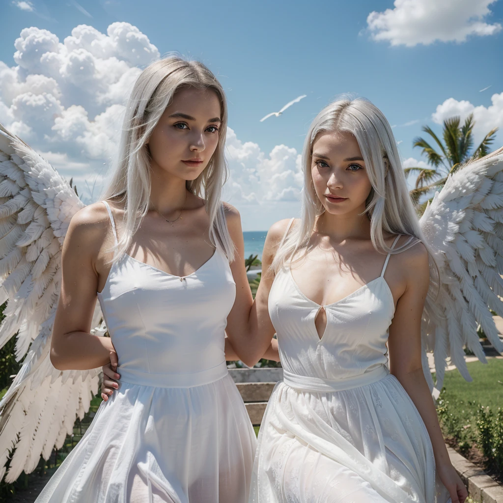 22 year old woman , 1 girl, realistic, One, (masterpiece:1.2), Best quality, ,an angel_wings, Sun, sky, cloud, Open_Hands, White dress, White hair.