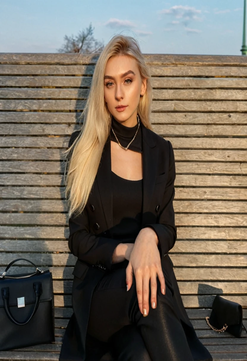 blonde woman sitting on a bench with a black purse and a black purse, black suit, Dressed all in black, wearing black clothes, sitting on a bench, Mia Kischner, inspired by Emma Andijewska, total black suit, sitting on the bench, sitting on a bench del parque, Aleksandra Waliszewska, dressed in black
