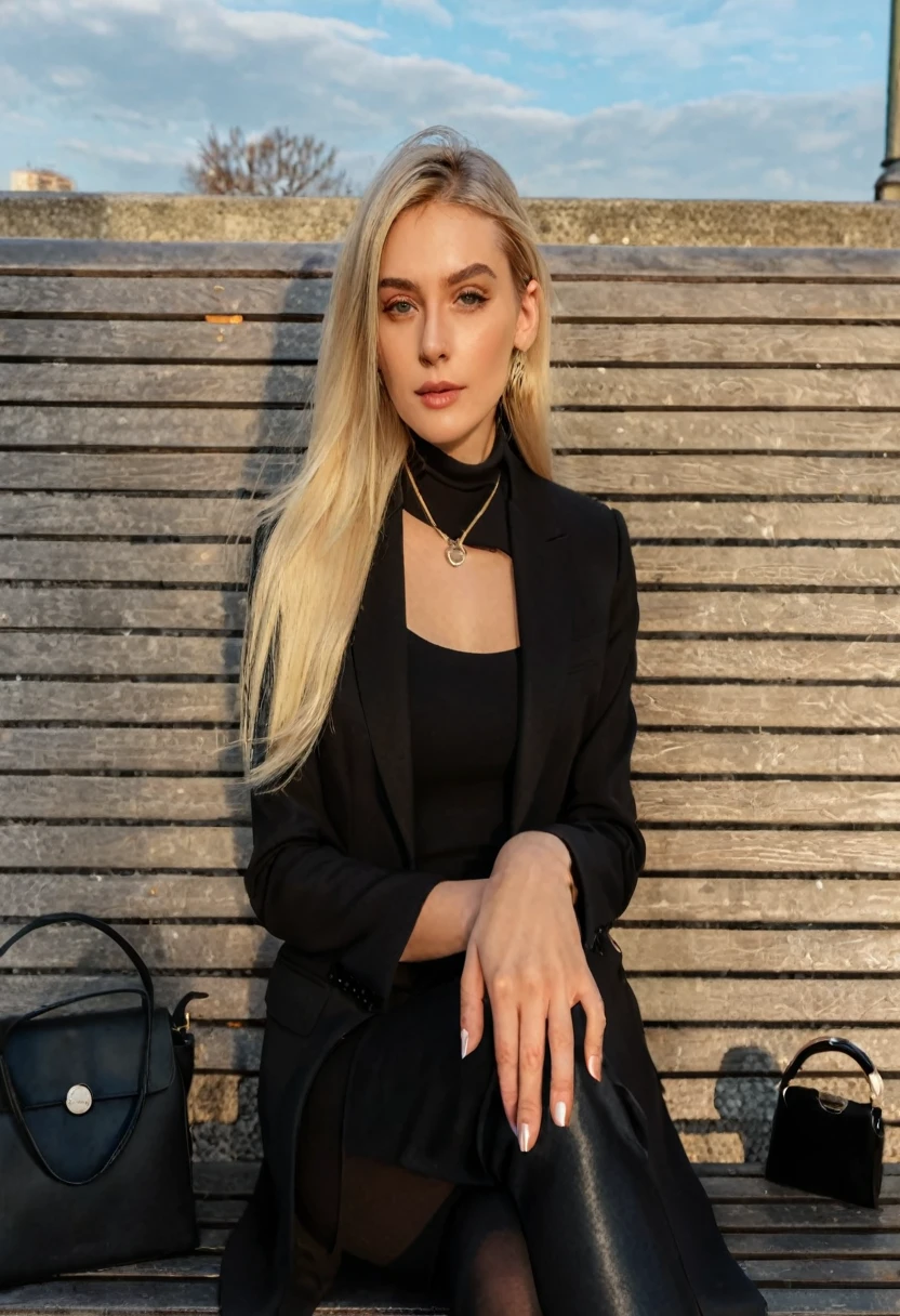 blonde woman sitting on a bench with a black purse and a black purse, black suit, Dressed all in black, wearing black clothes, sitting on a bench, Mia Kischner, inspired by Emma Andijewska, total black suit, sitting on the bench, sitting on a bench del parque, Aleksandra Waliszewska, dressed in black