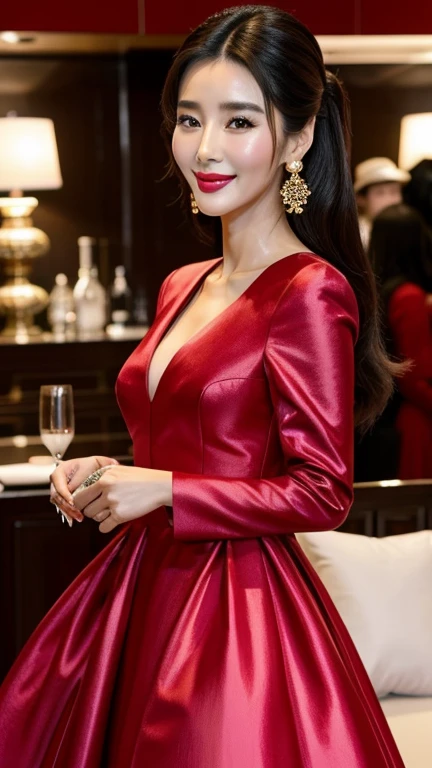 Li Bingbing wearing fantastic designer clothes with painted lips and smiling