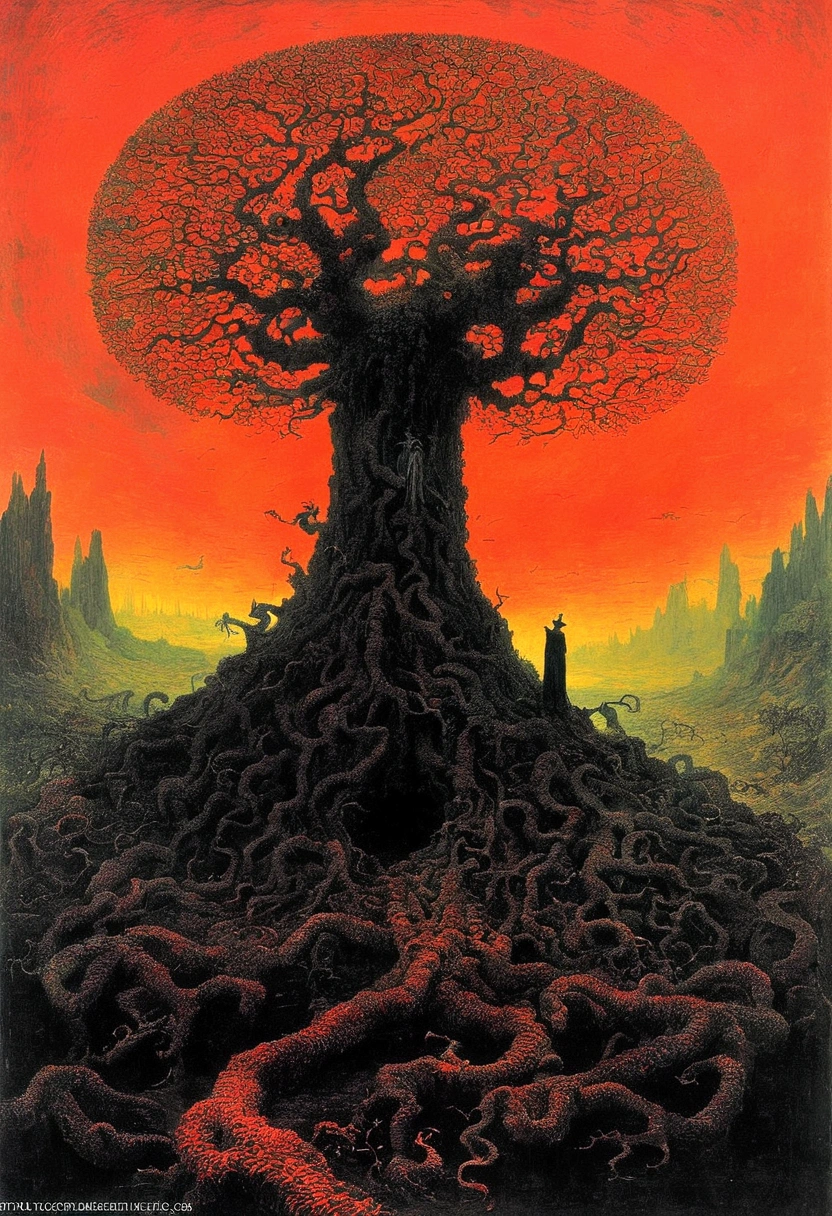 Mythical creatures, author:Zdzislaw Beksiński and Vincent Van Gogh, Album cover, romantic, Surrealism,Satan, Coral, Wizard, Dark Forest、nightmare