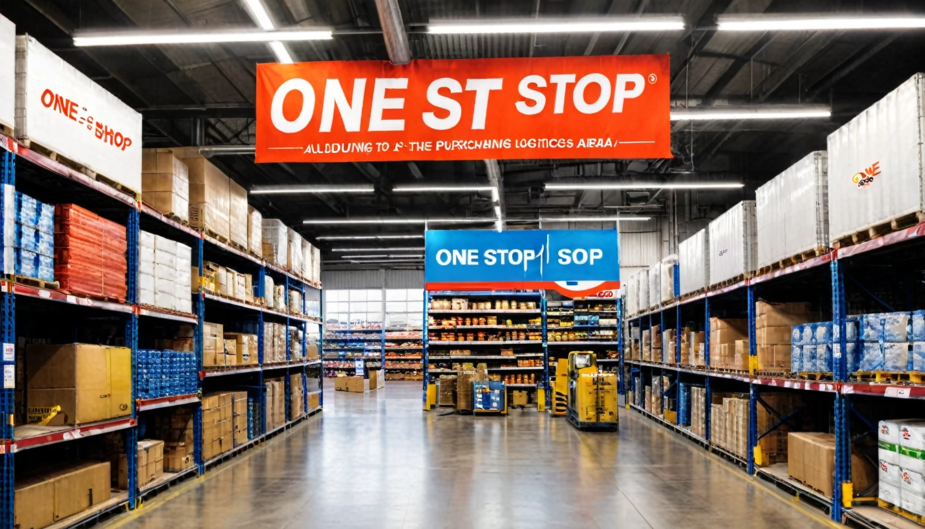 image alluding to the purchasing and logistics area, with slogan "one, stop, shop"