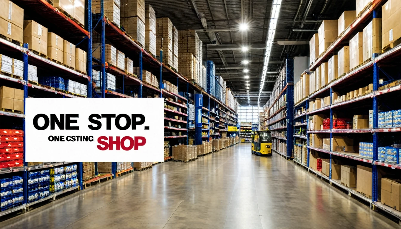 image alluding to the purchasing and logistics area, with slogan "one, stop, shop"
