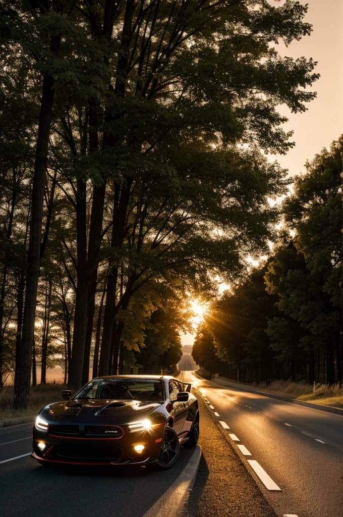 Take a photo of me on a straight road with trees around it and the sunset shining on it with a Dodge 2023 redeye jailbreak on it. Please 4K