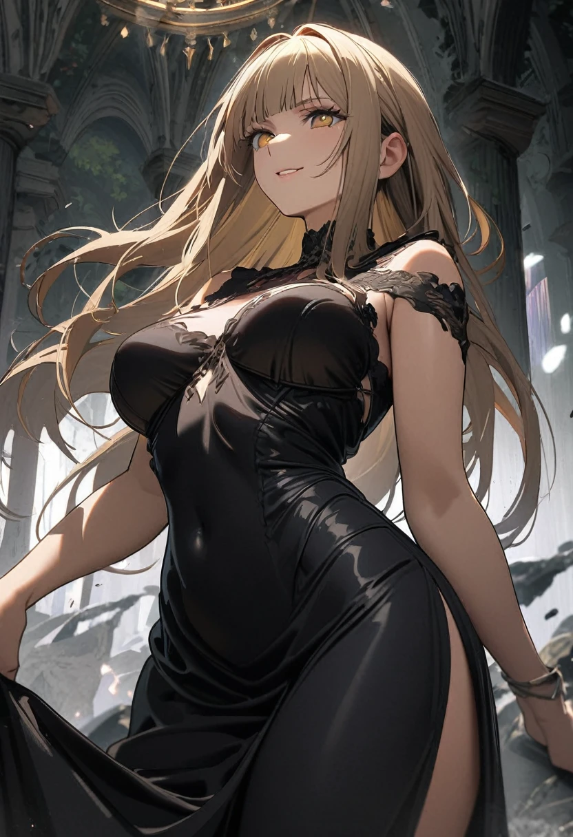(((Queen Marika from Elden Ring))), mature woman, perfect anatomic draw, perfect eyes, long golden hair, beautiful eyes, straight bangs down, golden eyes, beautiful woman, sexy smile, in the palece, sexy pose, sexy woman, black dress, 8k, high quality, full HD.