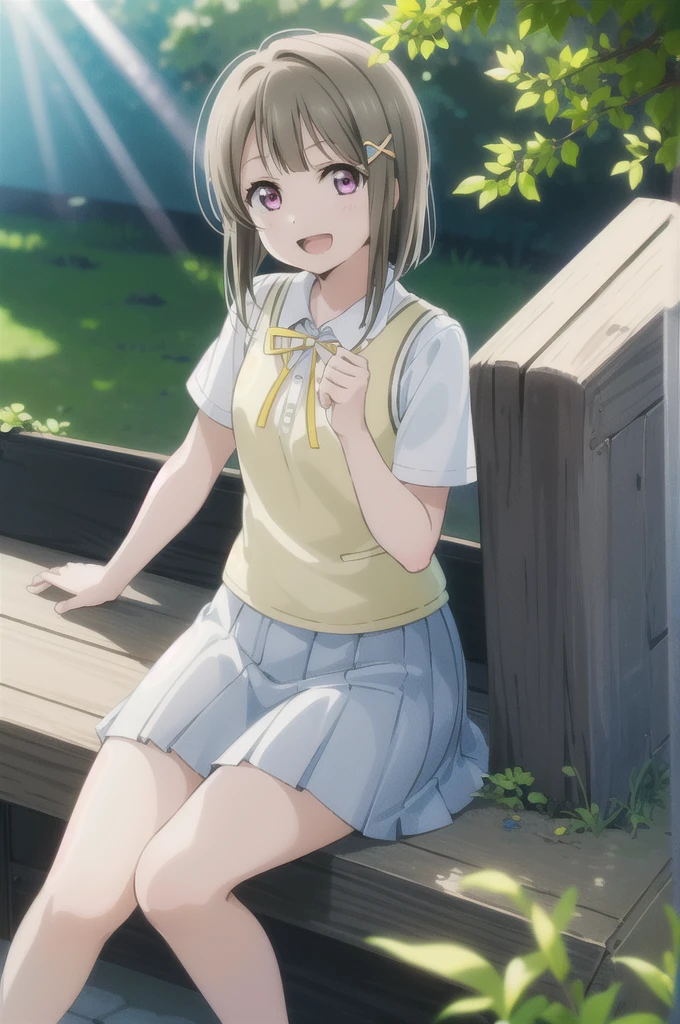 (best quality, masterpiece:1.2), 1girl, solo, (cowboy shot:1.2),  looking at another, smile, sunlight, lens flare,  open mouth, light on face, glow eyes, sitting,
nakasu kasumi, nijigasaki academy , summer uniform, crescent hair ornament, 
