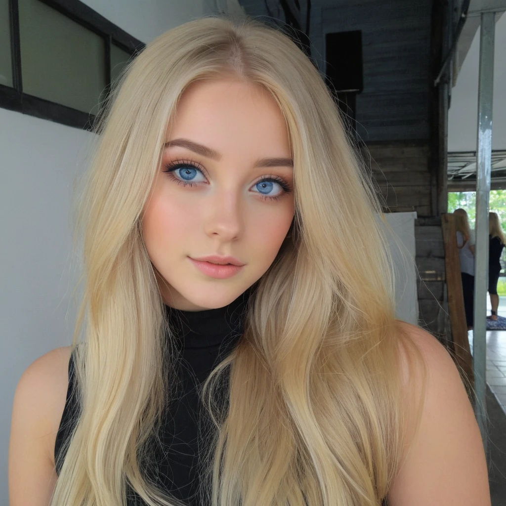 blonde woman with long hair and black top posing for a photo., long blonde hair and big eyes, 18 years, Kailee Mandel, with long blonde hair, long blonde hair and blue eyes, blonde hair and big eyes, A girl with blonde hair, long blonde hair and big eyes, blonde hair and blue eyes, a beautiful blonde, beautiful blonde girl