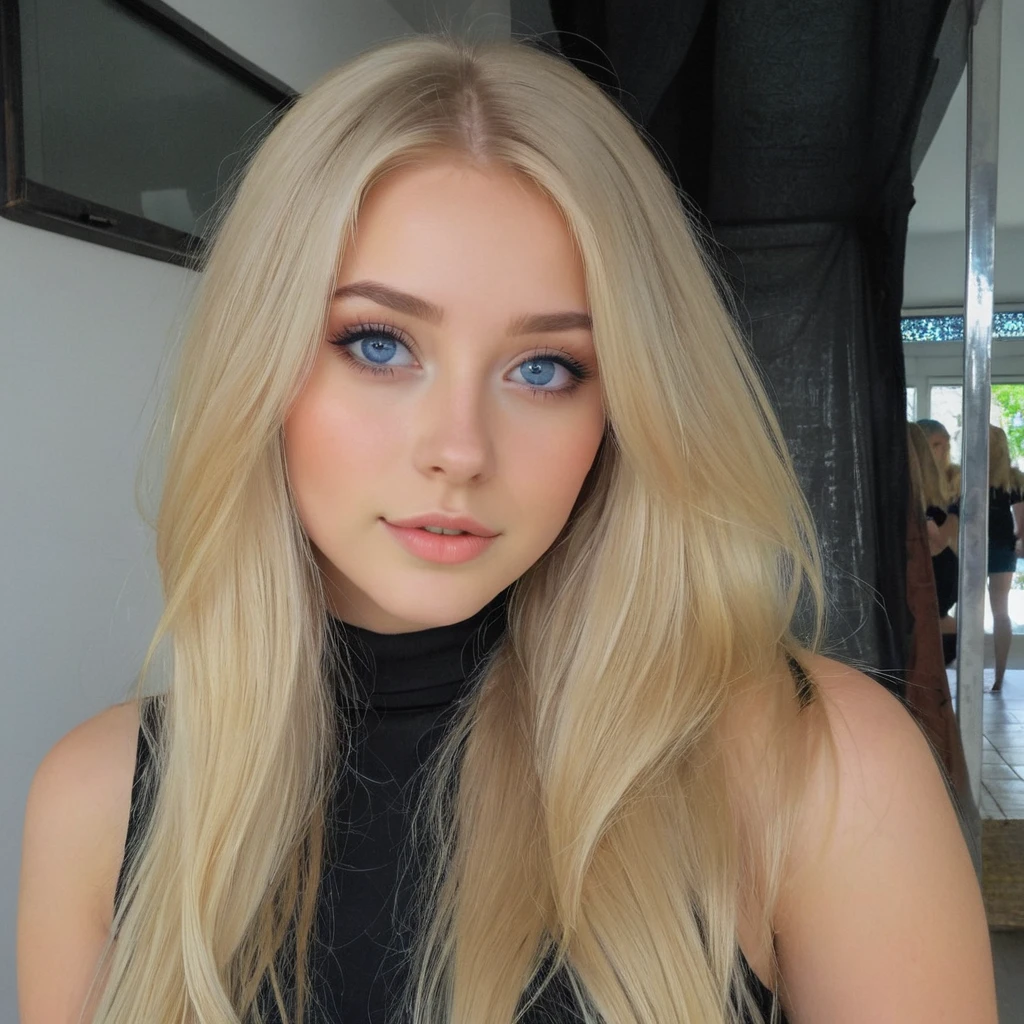 blonde woman with long hair and black top posing for a photo., long blonde hair and big eyes, 18 years, Kailee Mandel, with long blonde hair, long blonde hair and blue eyes, blonde hair and big eyes, A girl with blonde hair, long blonde hair and big eyes, blonde hair and blue eyes, a beautiful blonde, beautiful blonde girl