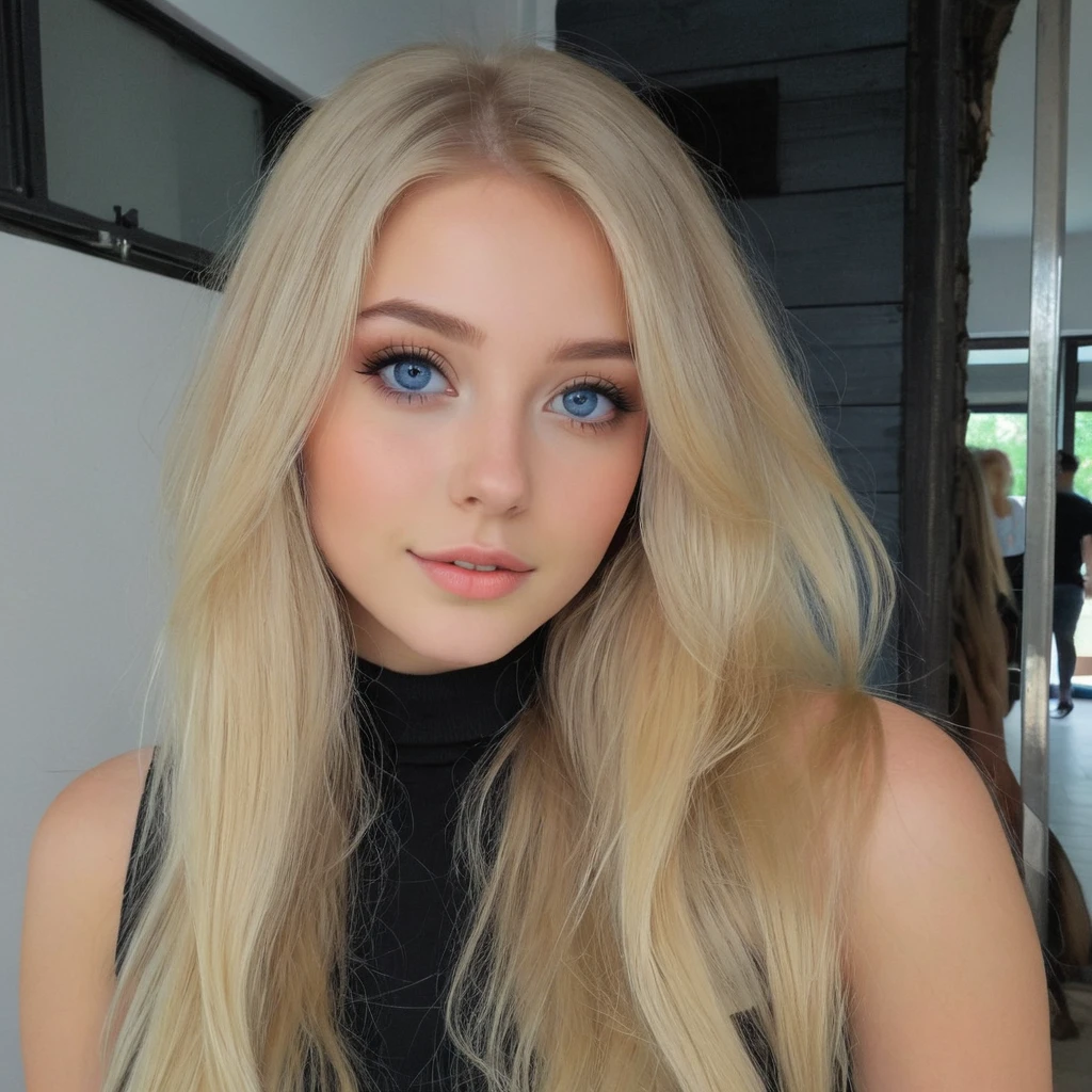 blonde woman with long hair and black top posing for a photo., long blonde hair and big eyes, 18 years, Kailee Mandel, with long blonde hair, long blonde hair and blue eyes, blonde hair and big eyes, A girl with blonde hair, long blonde hair and big eyes, blonde hair and blue eyes, a beautiful blonde, beautiful blonde girl
