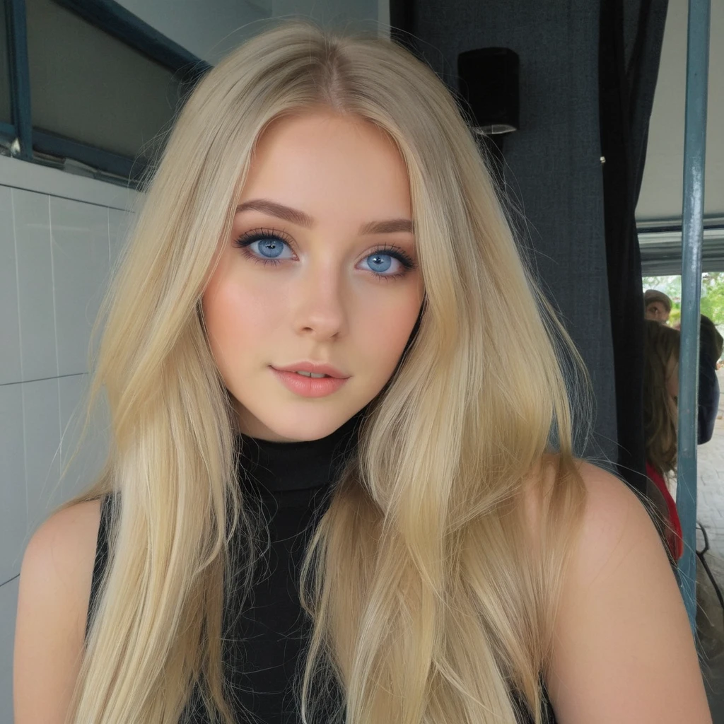 blonde woman with long hair and black top posing for a photo., long blonde hair and big eyes, 18 years, Kailee Mandel, with long blonde hair, long blonde hair and blue eyes, blonde hair and big eyes, A girl with blonde hair, long blonde hair and big eyes, blonde hair and blue eyes, a beautiful blonde, beautiful blonde girl