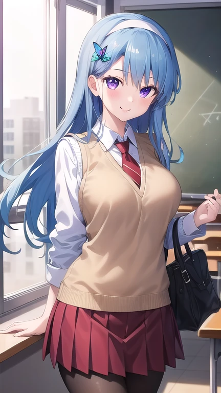 ((masterpiece)),(best quality),official art,extremely detailed CG,unity 8k wallpaper,ultra detailed,beautiful detailed eyes,extremely detailed face,classroom,1girl,solo,cowboy shot,looking at viewer,facing viewer,smile,nanase ririna,long hair,blue hair,hairband,butterfly hair ornament,sidelocks,bangs,purple eyes,sweater vest,beige sweater,red necktie,collared shirt,white shirt,large breasts,red skirt,pleated skirt,black pantyhose,loafers,
