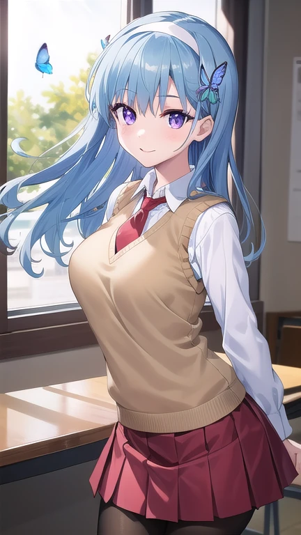 ((masterpiece)),(best quality),official art,extremely detailed CG,unity 8k wallpaper,ultra detailed,beautiful detailed eyes,extremely detailed face,classroom,1girl,solo,cowboy shot,looking at viewer,facing viewer,smile,nanase ririna,long hair,blue hair,hairband,butterfly hair ornament,sidelocks,bangs,purple eyes,sweater vest,beige sweater,red necktie,collared shirt,white shirt,large breasts,red skirt,pleated skirt,black pantyhose,loafers,