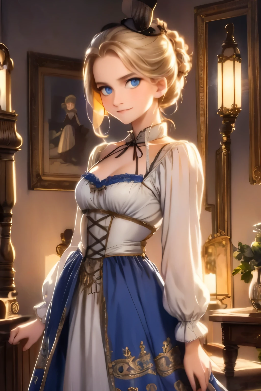 village realisticlying、Virginia Otis 15-year-old blonde hair blue eyes、City of victorian age, Europe. aristocrat girl、Looking up from below、 wear long sleeve sheer fabric dress、Various dynamic  sexy poses、Face smile、cute face, Depicts the whole body、