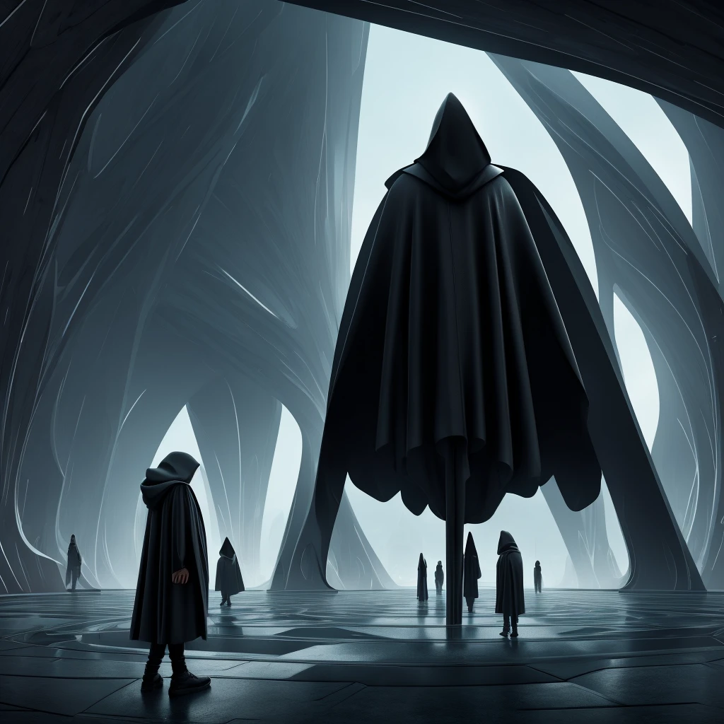 (The best quality)Hooded person looking at the futuristic architecture of an advanced civilization on another planet with dark color palette