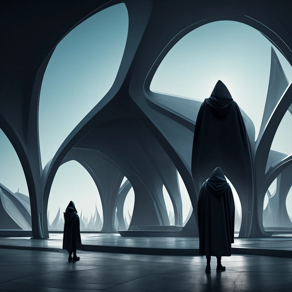 (The best quality)Hooded person looking at the futuristic architecture of an advanced civilization on another planet with dark color palette