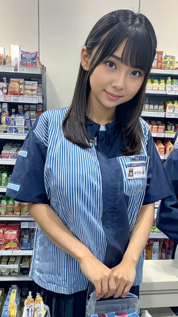 Close-up: A cute girl with huge breasts that look like they might spill out is serving customers at the cash register at Lawson