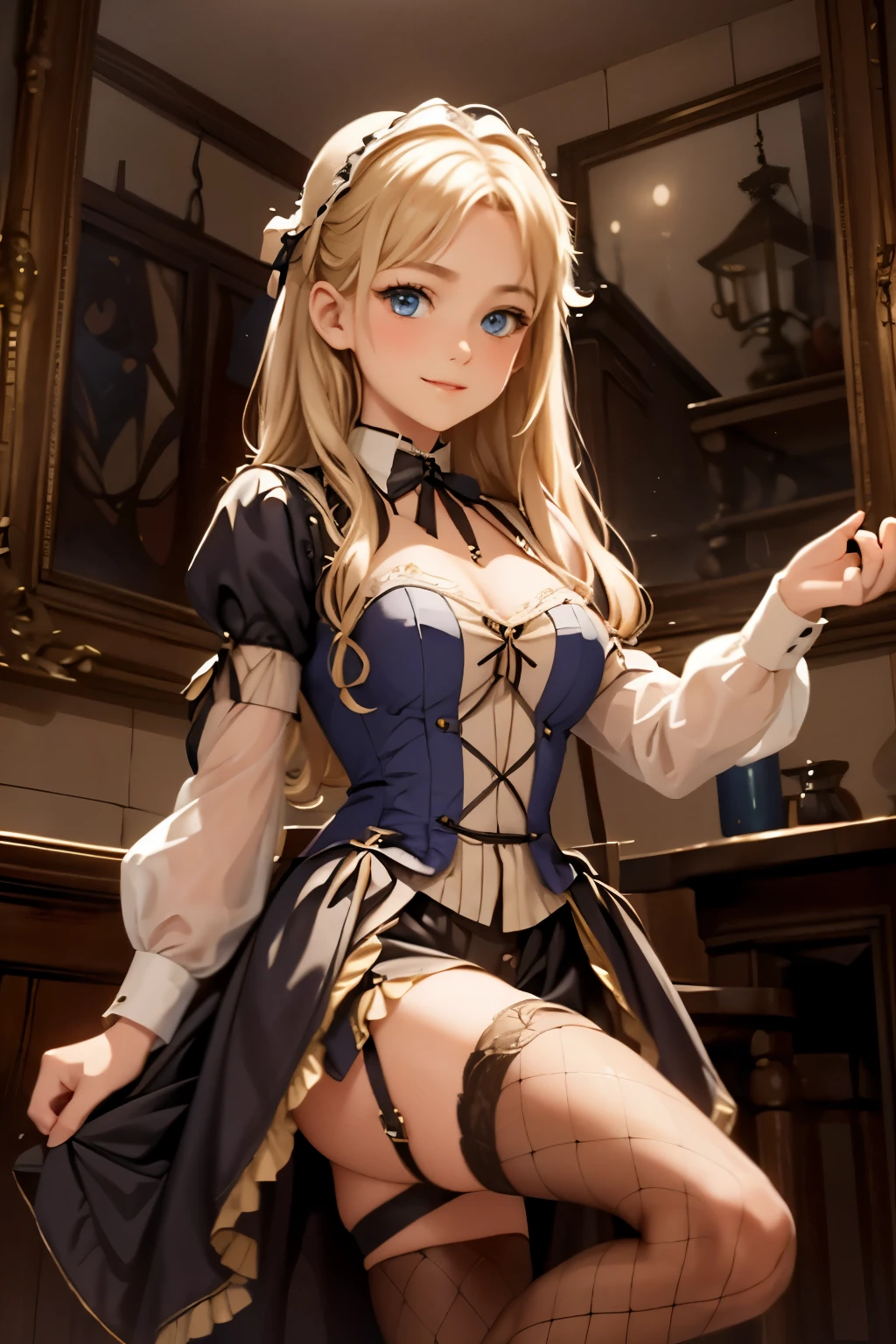 village realisticlying、Virginia Otis 15-year-old blonde hair blue eyes、City of victorian age, Europe. aristocrat girl、Looking up from below、 wear long sleeve sheer fabric dress、Various dynamic  sexy poses、Face smile、cute face, Depicts the whole body、