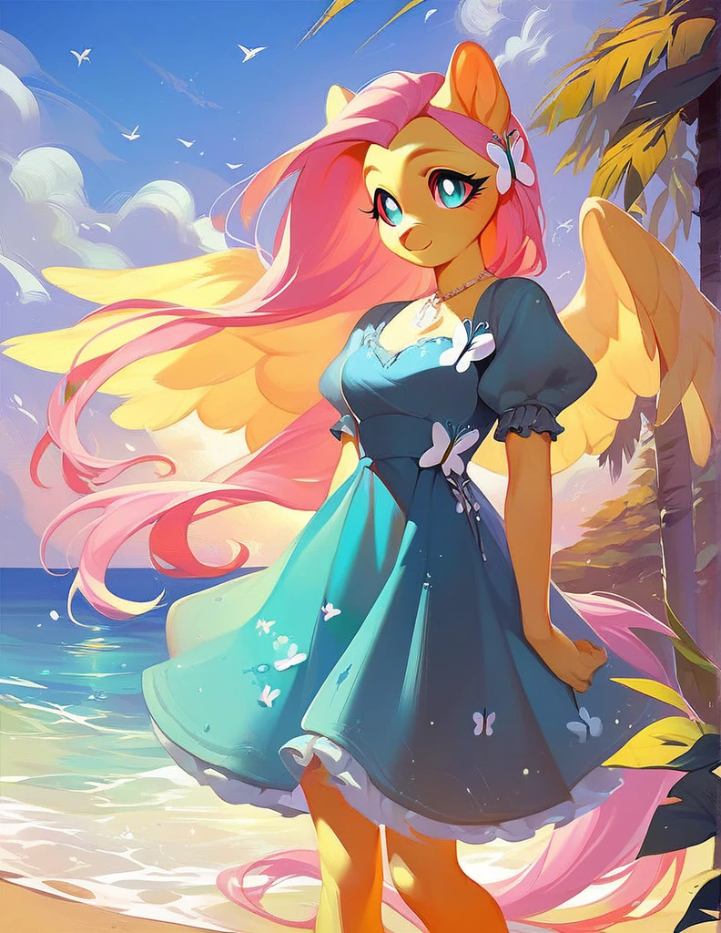 safe content, mammal, anthro, female, fur, solo, hair, Fluttershy, red sclera, dress, white eyes, official art, beach, sunset